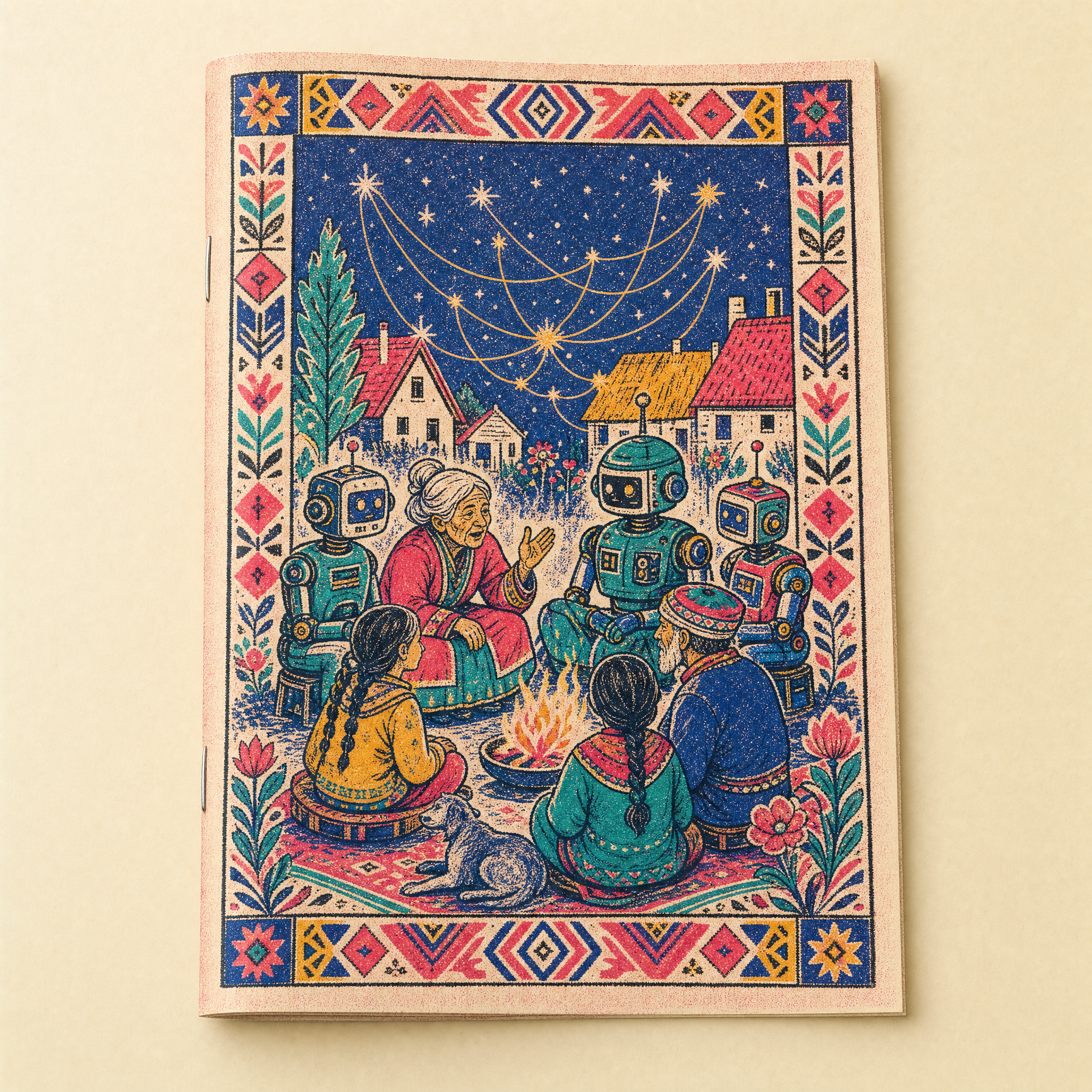 The Commons Zine — folk-pop booklet cover of a village telling stories to machines around a hearth