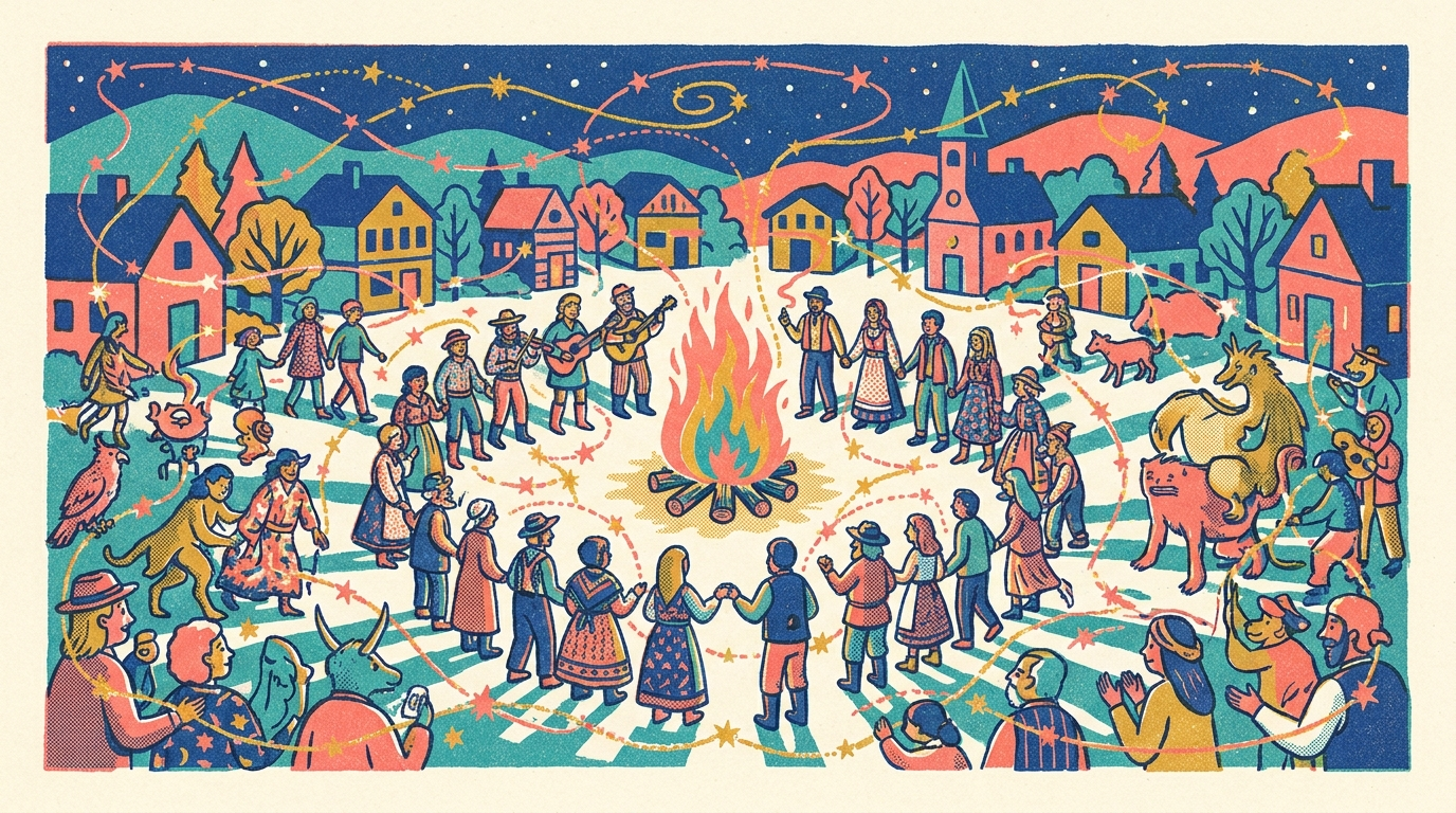 The Commons Kit — folk-pop risograph of the whole village gathered around the fire, threads of stars between them