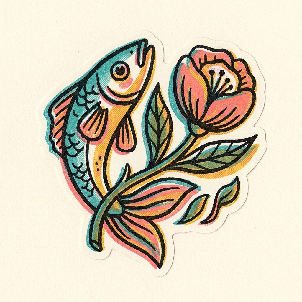 Swallow and Fish diptych — folk-pop prints of a swallow and a fish with a flower