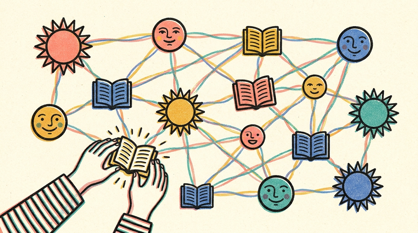 The Knowledge Graph — folk-pop poster of connected story-nodes