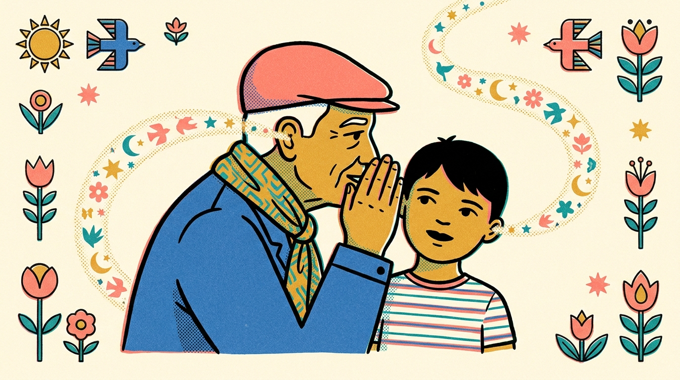 Mouth to Ear — folk-pop art print of an elder whispering to a child