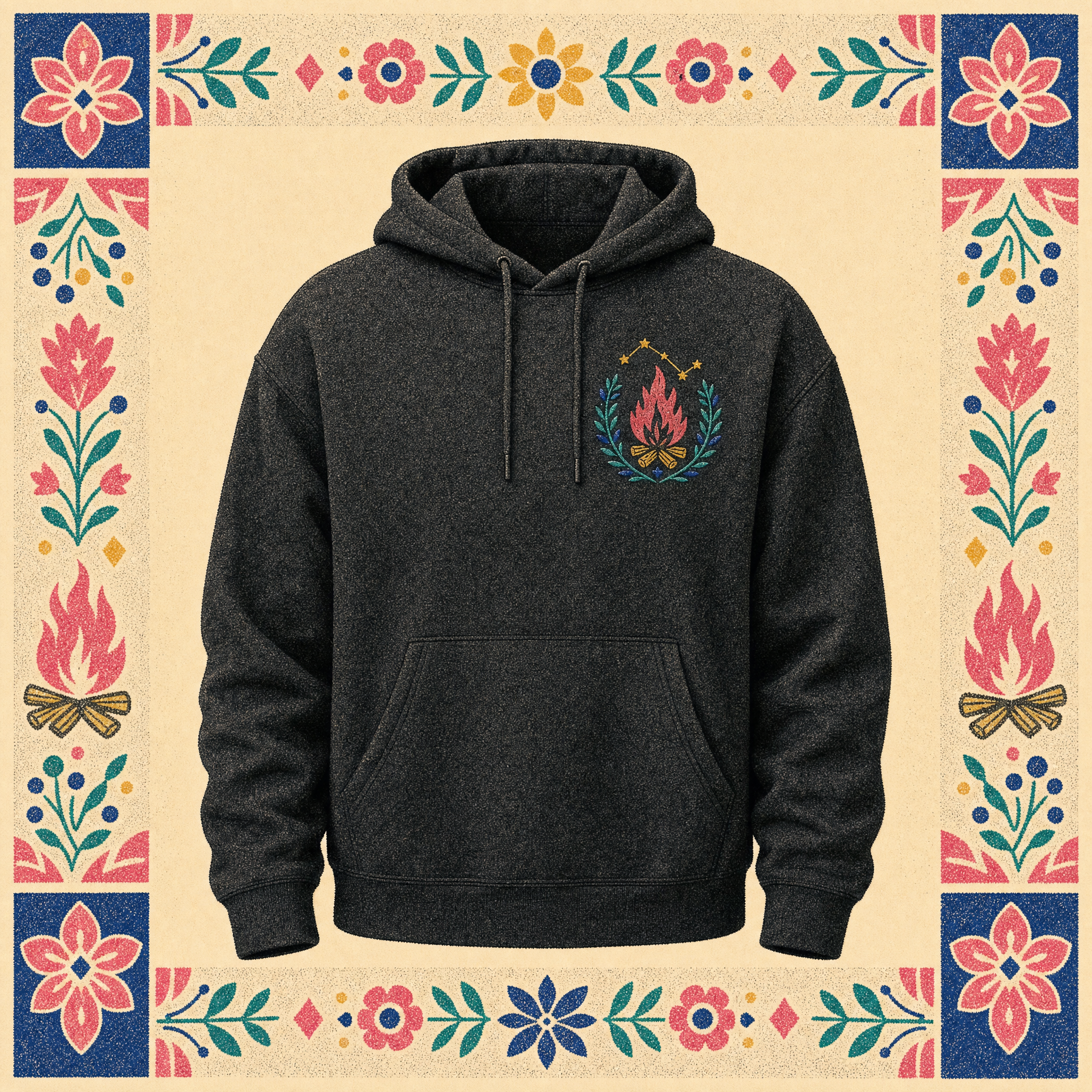 The Commons Hoodie — charcoal fleece with an embroidered folk hearth crest on the chest