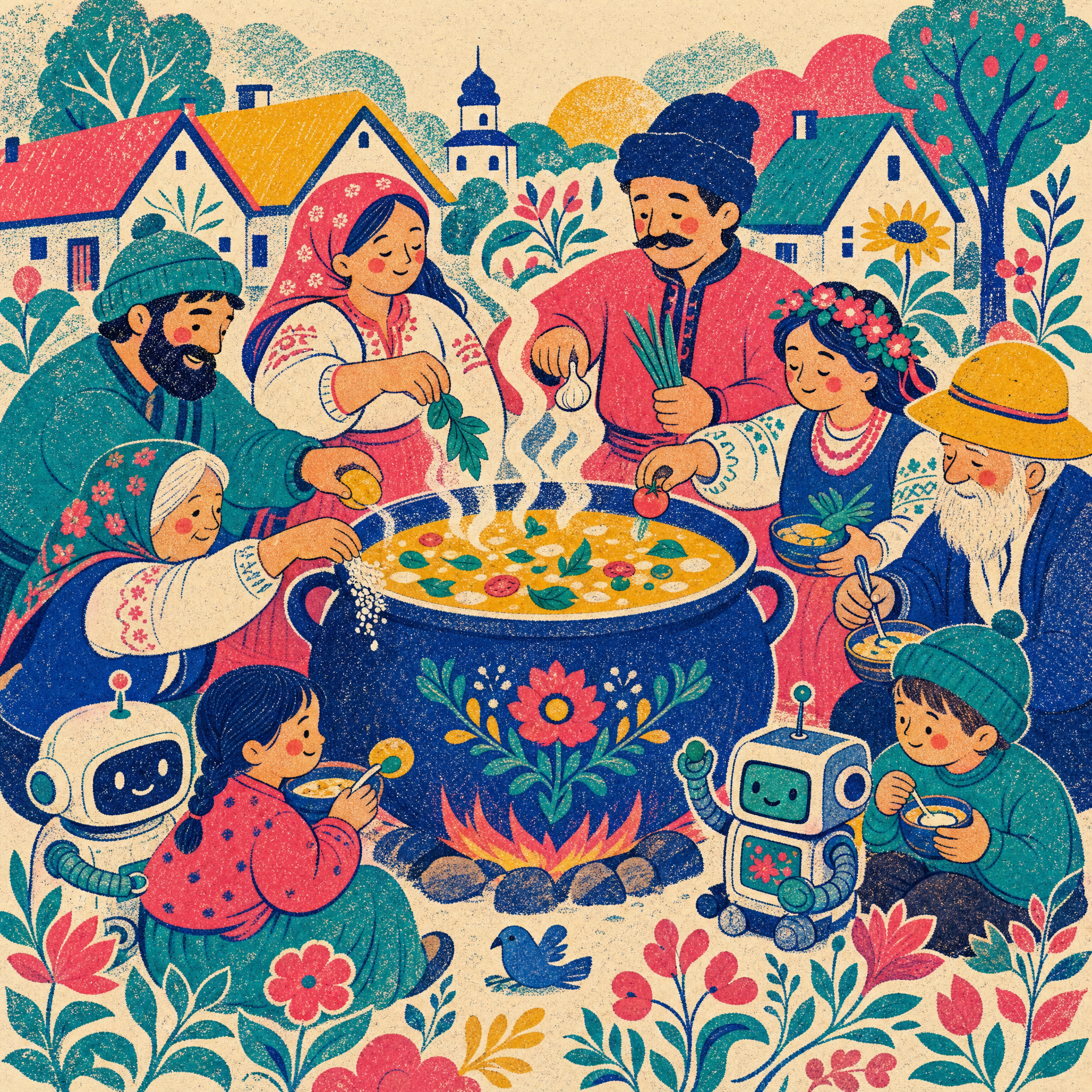 folk meme — villagers and robots sharing one cauldron