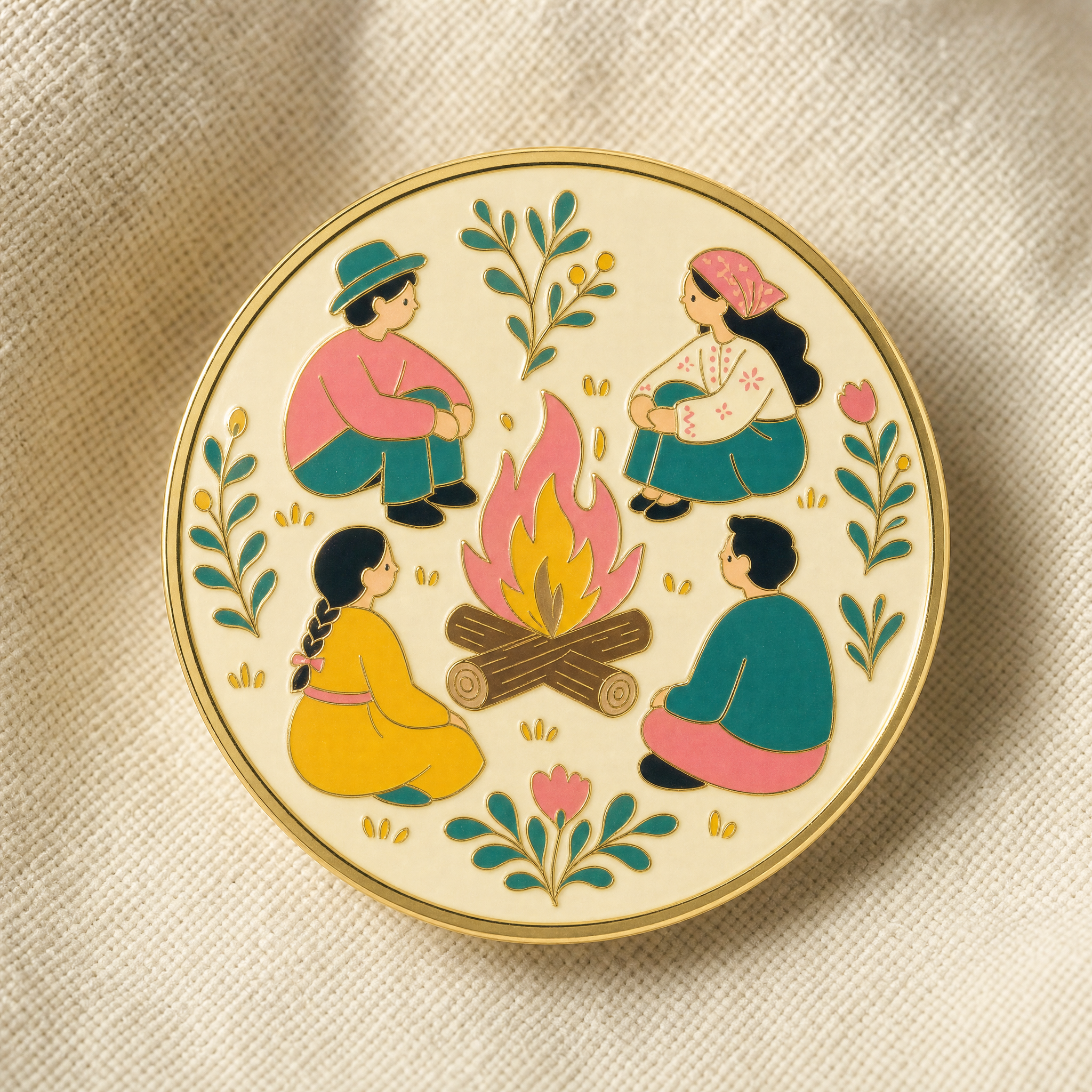The Hearth enamel pin — folk-pop campfire and gathered folk, hard enamel, gold edges