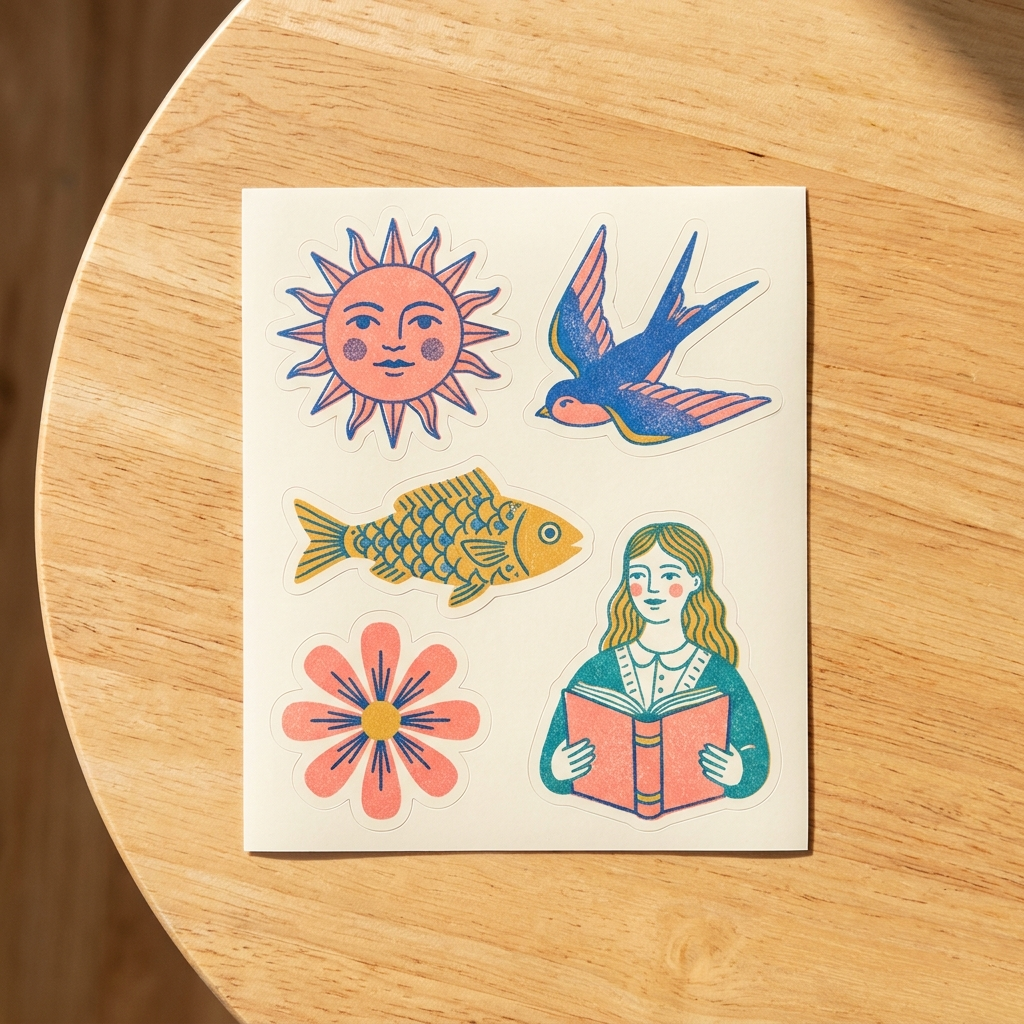 Folk-pop die-cut sticker sheet — sun, swallow, fish, flower, the teller