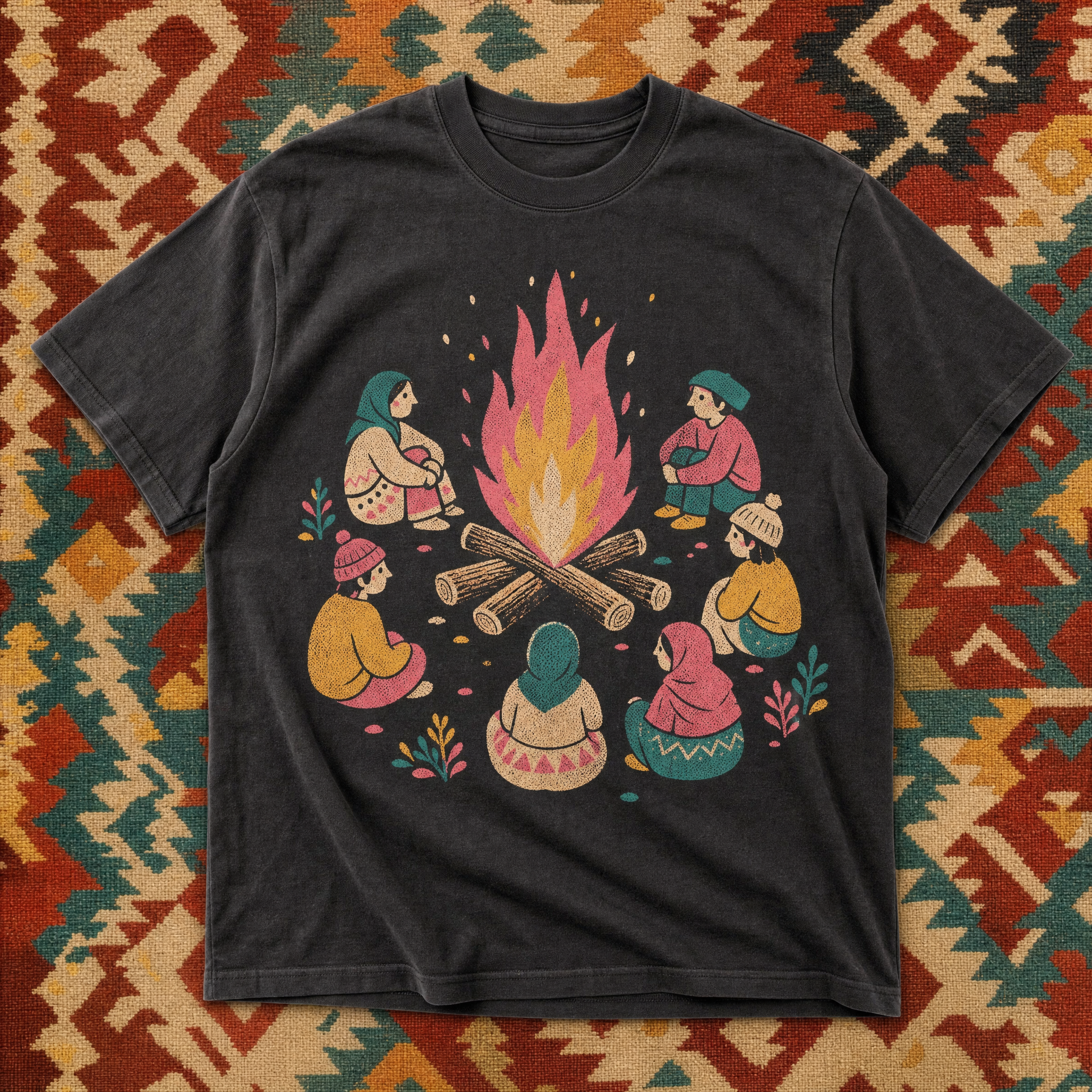 Never-Research-Twice tee — folk-pop campfire-and-gathered-folk print on charcoal cotton