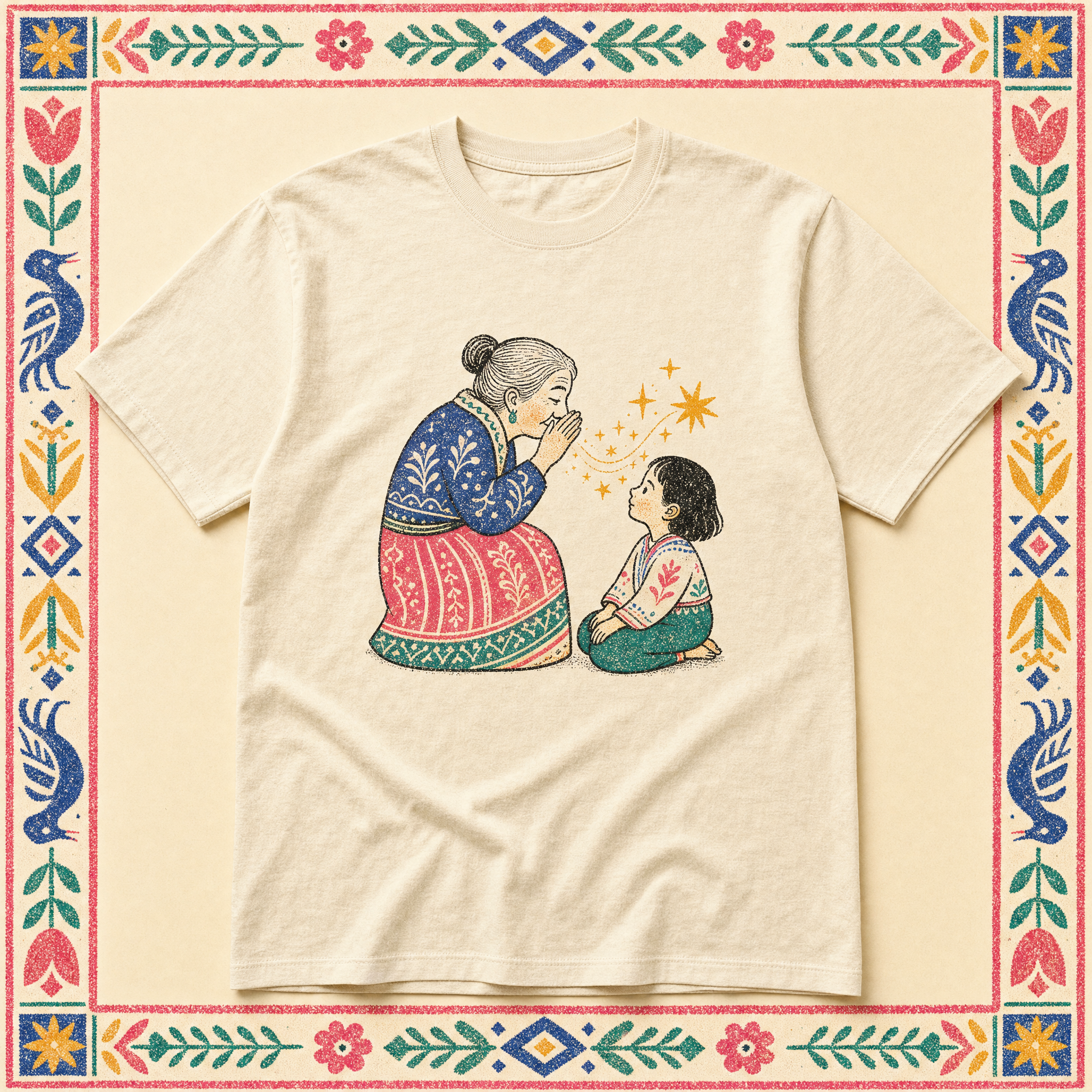 Mouth to Ear tee — folk-pop print of an elder whispering knowledge to a child on cream cotton