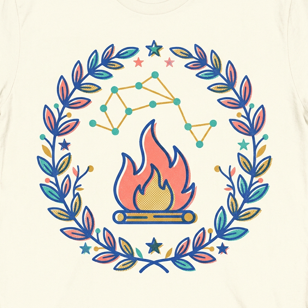 The Hearth — folk-pop risograph crest of a flame inside a laurel and constellation