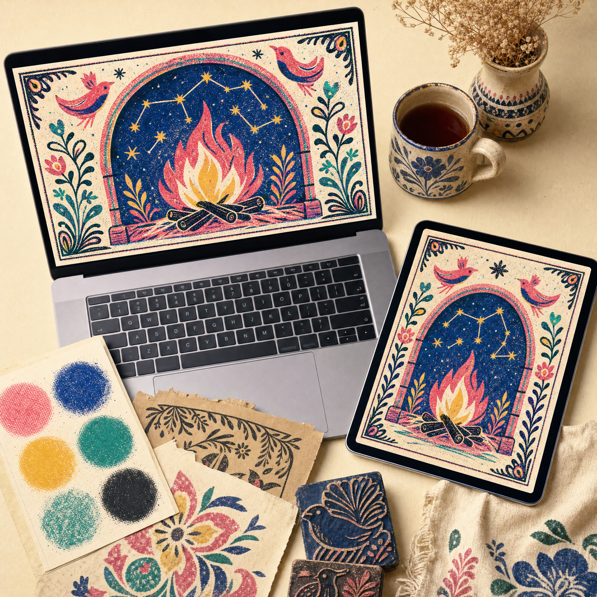Risograph Texture Pack — laptop and tablet showing the folk hearth design with halftone and overprint texture swatches